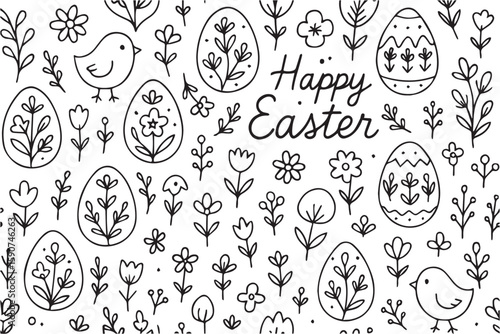 A cheerful Easter pattern appears in black and white vector style, featuring playful icons and bold black outlines for a fun holiday design.

