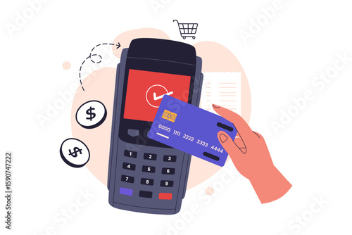 Contactless Payment with Credit Card and POS Terminal. Illustrations for websites, landing pages, mobile apps, posters and banners
