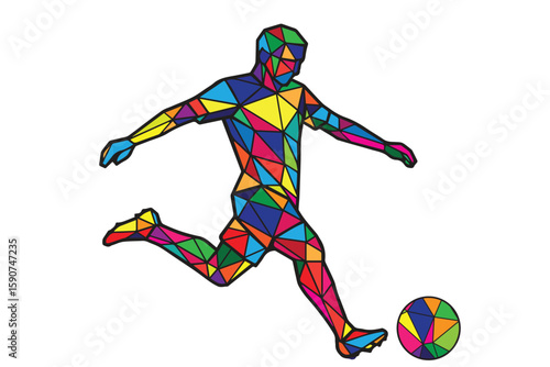 A vibrant polygon style vector of a man kicking a ball during a football match emphasizes energy through colorful geometric design and sharp angles.