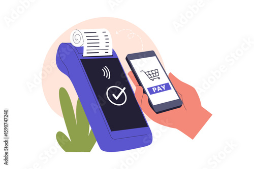 Contactless Mobile Payment Using Smartphone and POS Terminal. Illustrations for websites, landing pages, mobile apps, posters and banners