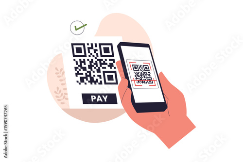 QR Code Contactless Payment via Mobile Phone. Illustrations for websites, landing pages, mobile apps, posters and banners