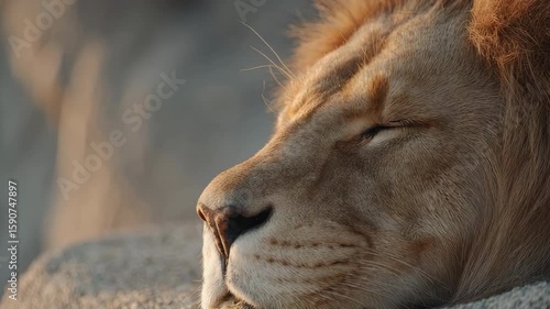 Sleeping lion resting head rock with peaceful expression natural light