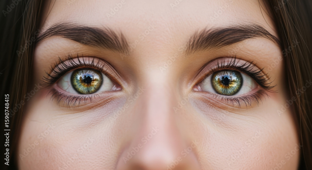 Fototapeta premium Close-up of woman’s eyes reflecting a forest landscape. symbolizing seeing nature through self, environmental soul connection concepts.