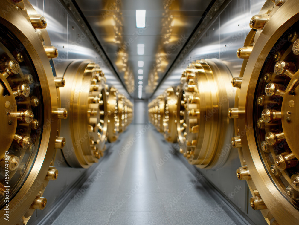 Fototapeta premium symmetrical corridor lined with large, polished golden vault doors on both sides, reflecting light and creating a futuristic, secure environment.