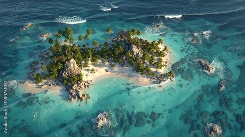 Wallpaper Mural Aerial view of a tropical paradise island with palm trees surrounded by turquoise water and rocky outcrops in the ocean Torontodigital.ca