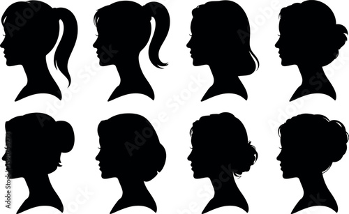 Collection of diverse female silhouettes with various hairstyles and updos