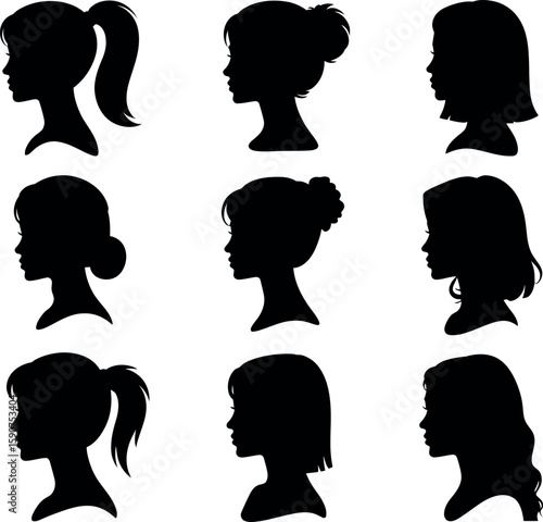 Collection of diverse female silhouettes with various hairstyles in profile view