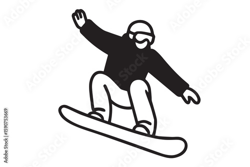 A stylish vector illustration of a man snowboarding downhill, rendered in black and white with sharp, bold black outlines for dramatic effect.

