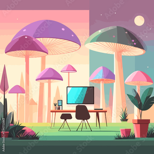 A whimsical office scene featuring mushroom-shaped trees and a desk.