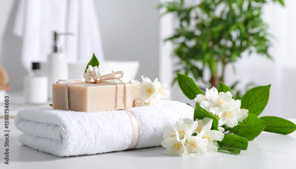 A candle and flowers towels are on a table with candles and flowers A candle and flowers towels are on a table with candles and flowers