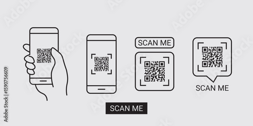 Mobile Phone Scanning QR Code – Hand Holding Smartphone with QR Code Icon – Vector Illustration of Digital Scan Technology


