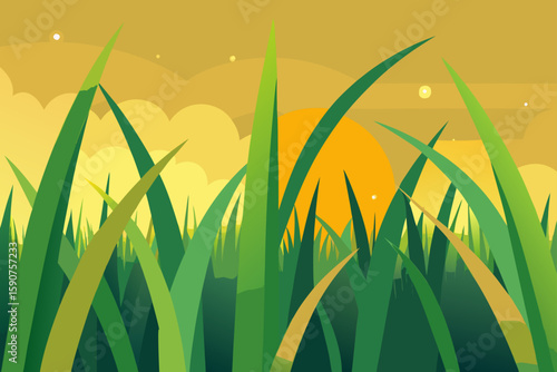 An abstract vector illustration of green grass and reeds in a summer meadow with a blue sky