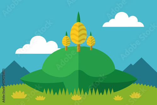 Green hills and mountains with summer trees and meadows under a bright blue sky