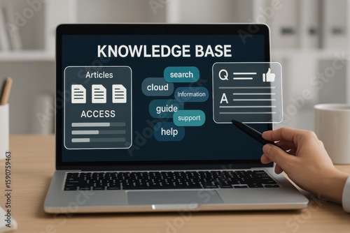Laptop Interface Displaying Knowledge Base Dashboard with Article Access, Search Function and Support Keywords
