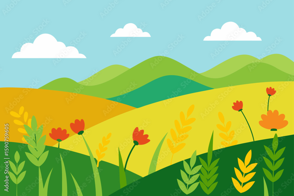 Fototapeta premium A colorful summer landscape vector illustration of a rural countryside with green hills, a vibrant blue sky with clouds, and various flowers in a meadow