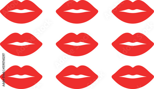 Nine red lips icons isolated on white background for beauty and fashion