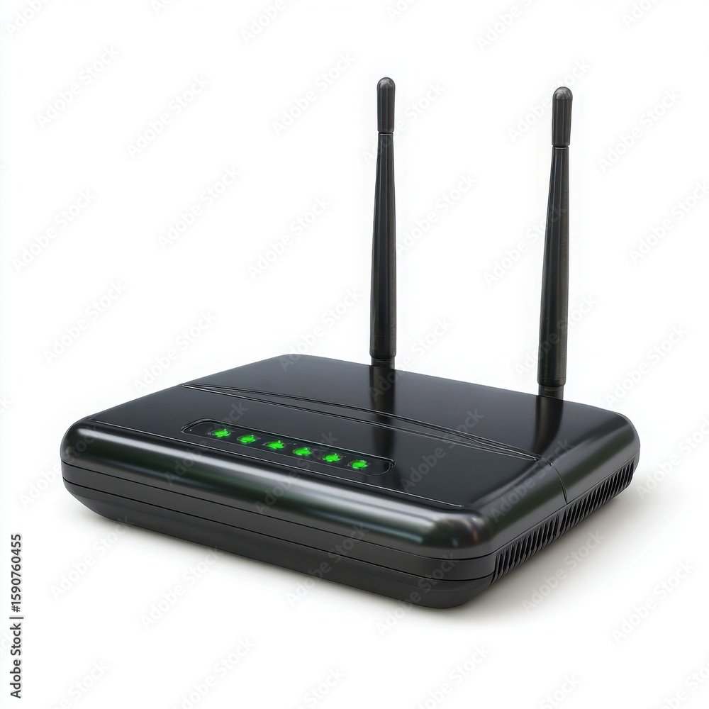 Fototapeta premium Sleek black wireless router with two antennas and glowing green indicator lights on a clean white background