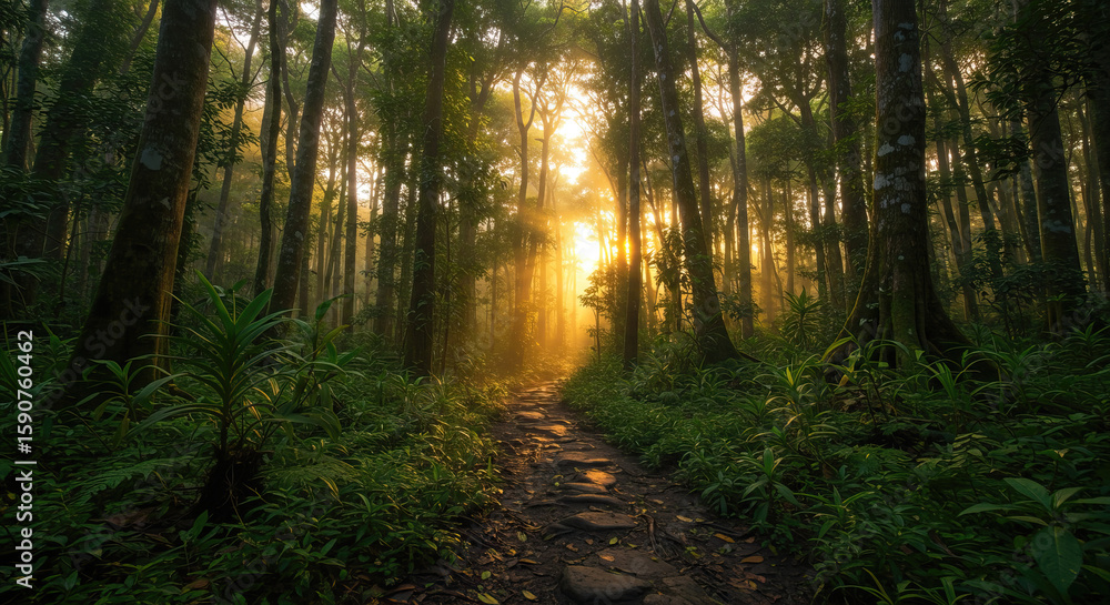 Naklejka premium Tropical rain forest trekking with morning sun light.