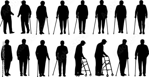 Elderly people using walking aid silhouette set collection. Senior pensioner people walking with walking aids vector silhouette.
