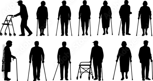 Elderly people using walking aid silhouette set collection. Senior pensioner people walking with walking aids vector silhouette.
