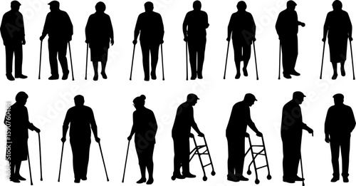 Elderly people using walking aid silhouette set collection. Senior pensioner people walking with walking aids vector silhouette.
