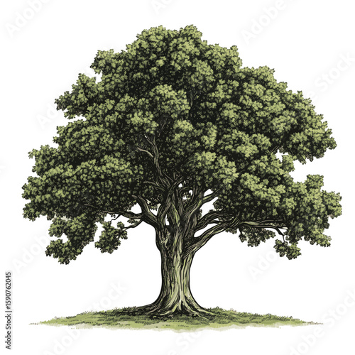 Oak tree with leaves isolated on white background. Vintage sketch vector illustration, vector style simple color