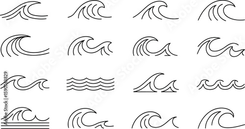 Collection of simple black line art wave icons on a white background