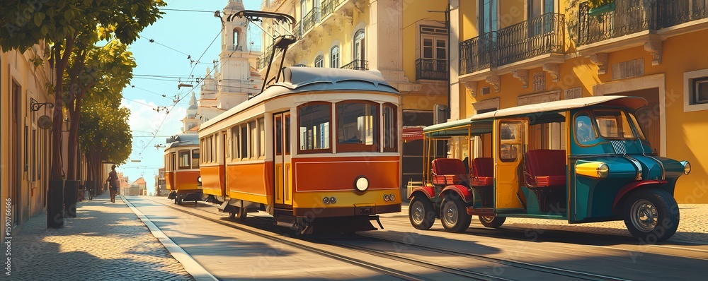 Fototapeta premium A sunny city street scene with vintage trams.