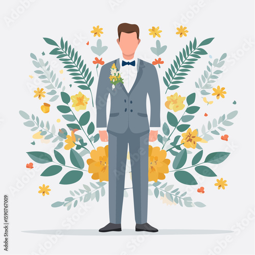 Full-body flat vector of a groom in grey three-piece suit, with boutonnière and dress watch, standing in front of floral backdrop