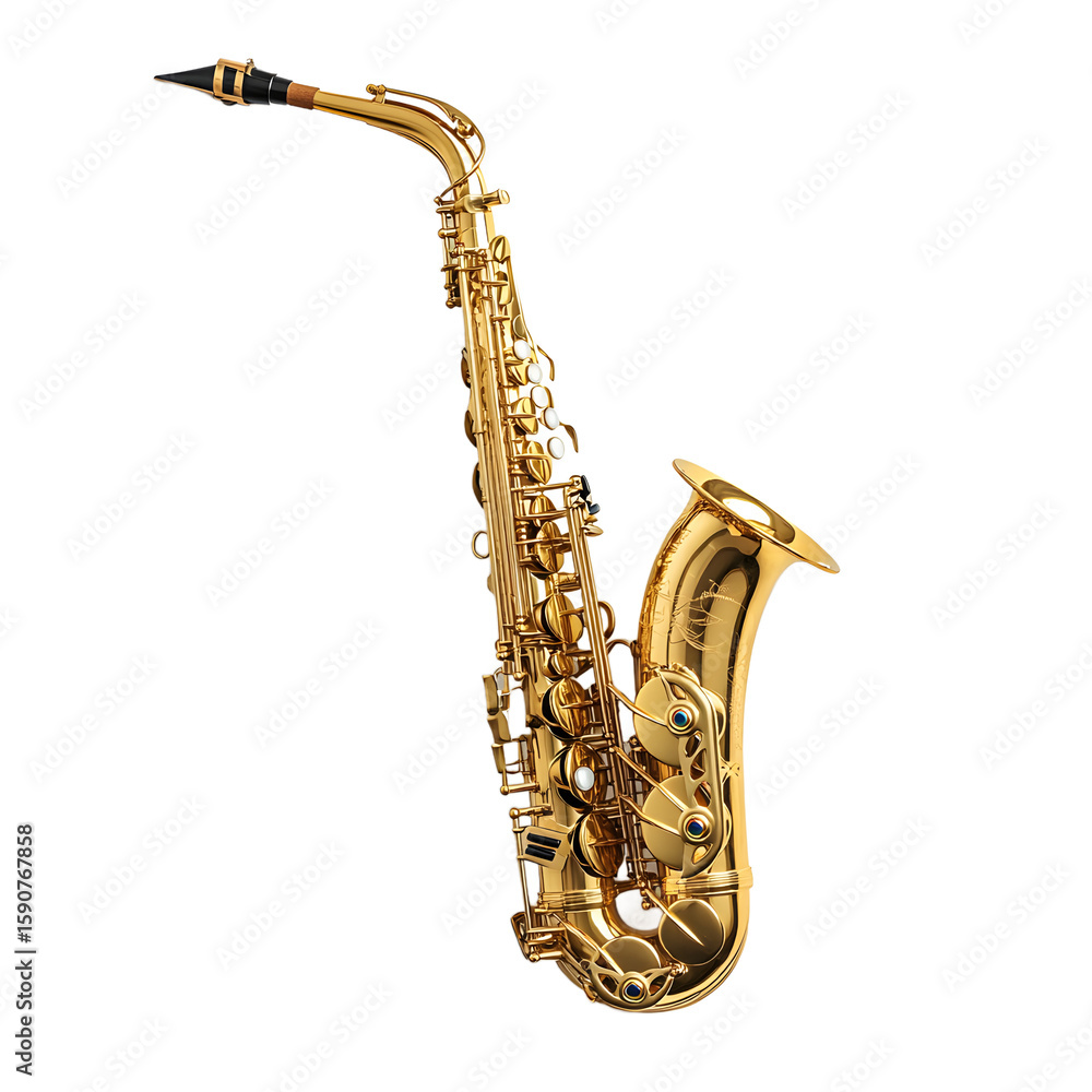 Obraz premium A gleaming golden saxophone with intricate keys and a black mouthpiece isolated on transparent background