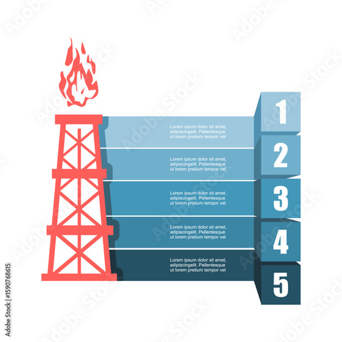 Gas tower icon with five features or option of project to select. Minimal infographic illustration for business and industry information visualization.