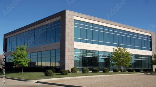 New modern corporate office building exterior. New modern corporate office building in office park. 