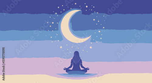 Meditative Silhouette under Crescent Moon A serene illustration for relaxation and mindfulness practices.