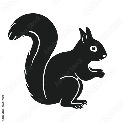 A stylized black silhouette of a squirrel with a bushy tail depicted in profile holding something small in its paws against a white background