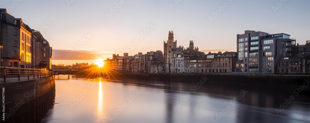 Fototapeta premium City skyline at sunrise over a river.