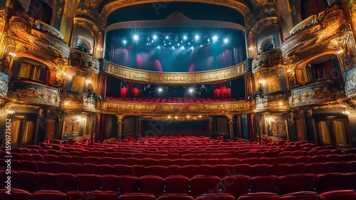 Ornate theater interior with rows of empty red seats awaiting a captivating performance