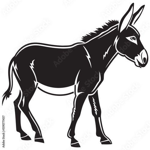 A striking black and white silhouette of a donkey standing alertly showcasing its distinctive long ears and sturdy build in a clean graphic style