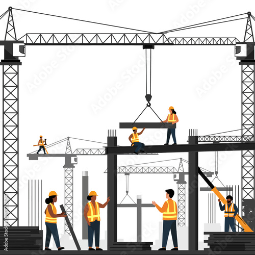 Skilled construction workers collaborate on a modern building project, operating heavy machinery and lifting steel beams at a busy urban development site.