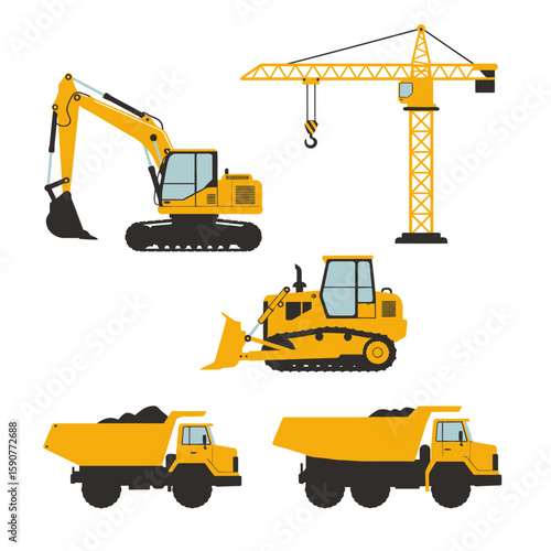 Vector illustration showcasing a collection of construction vehicles, including an excavator, crane, bulldozer, and dump trucks, all rendered in a flat, graphic style against a white background.