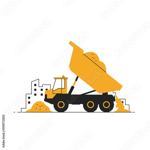 A brightly colored illustration depicts a dump truck unloading its cargo of sand, set against a backdrop of a cityscape and a clean, white background, ideal for construction themes.