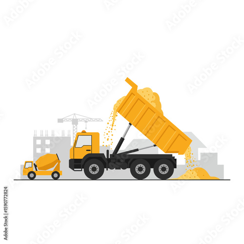 A bright yellow dump truck unloads a mound of sand at a bustling construction site, accompanied by a small concrete mixer in a clean flat vector illustration.