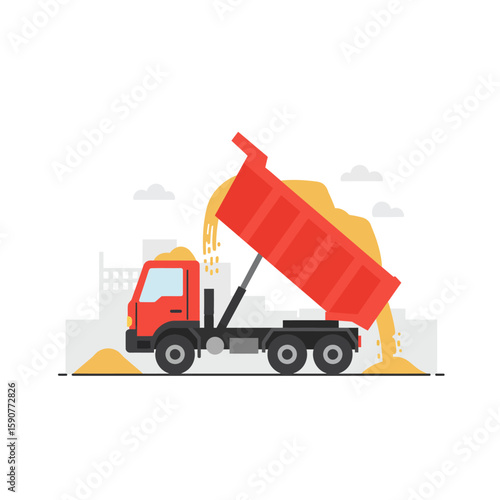 Vector illustration of a red dump truck unloading sand against a backdrop of a city skyline, conveying a sense of construction or transportation activities.
