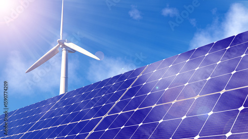 空を背景にした風力タービンと太陽光発電パネルの再生可能エネルギー構成