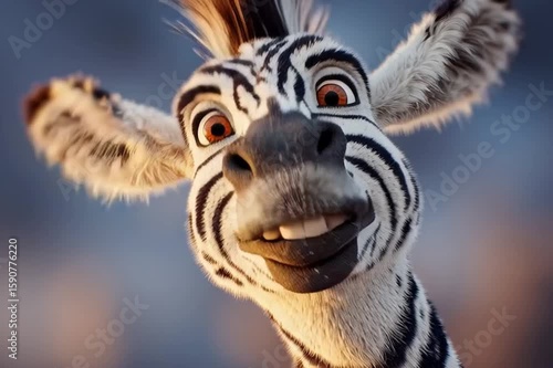 A comical zebra talking and laughing, open mouth with huge goofy eyes, a comical caricature, closeup, looking into the lens.