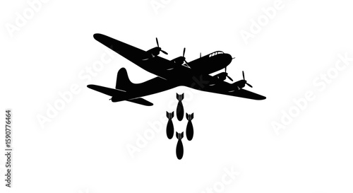 Silhouette of Four-Engine Propeller Bomber Dropping Bombs in Flight – High-Contrast Flat Vector Illustration