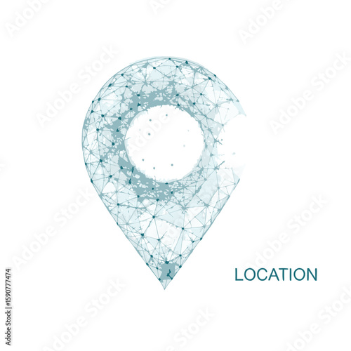 Abstract geometric location pin icon with connected dots and lines on white background silhouette