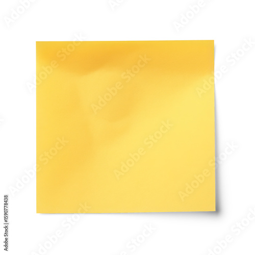 A yellow sticky note with a crumpled corner on a transparent background