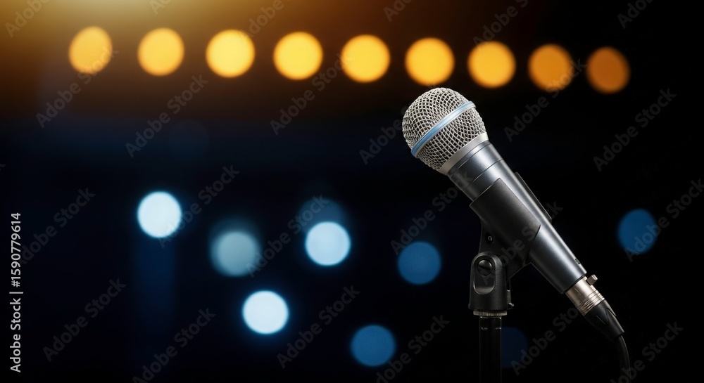 Obraz premium Microphone on Stand with Blurred Stage Lights, Studio Microphone Ready for the Next Performance