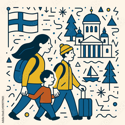 Family Traveling in Finland Illustration with Landmarks and Flag