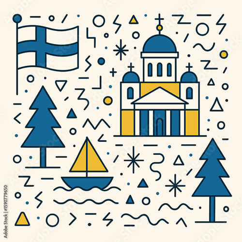 Finland illustration with national symbols, Suomenlinna fortress, Finnish flag, fir trees and sailboat